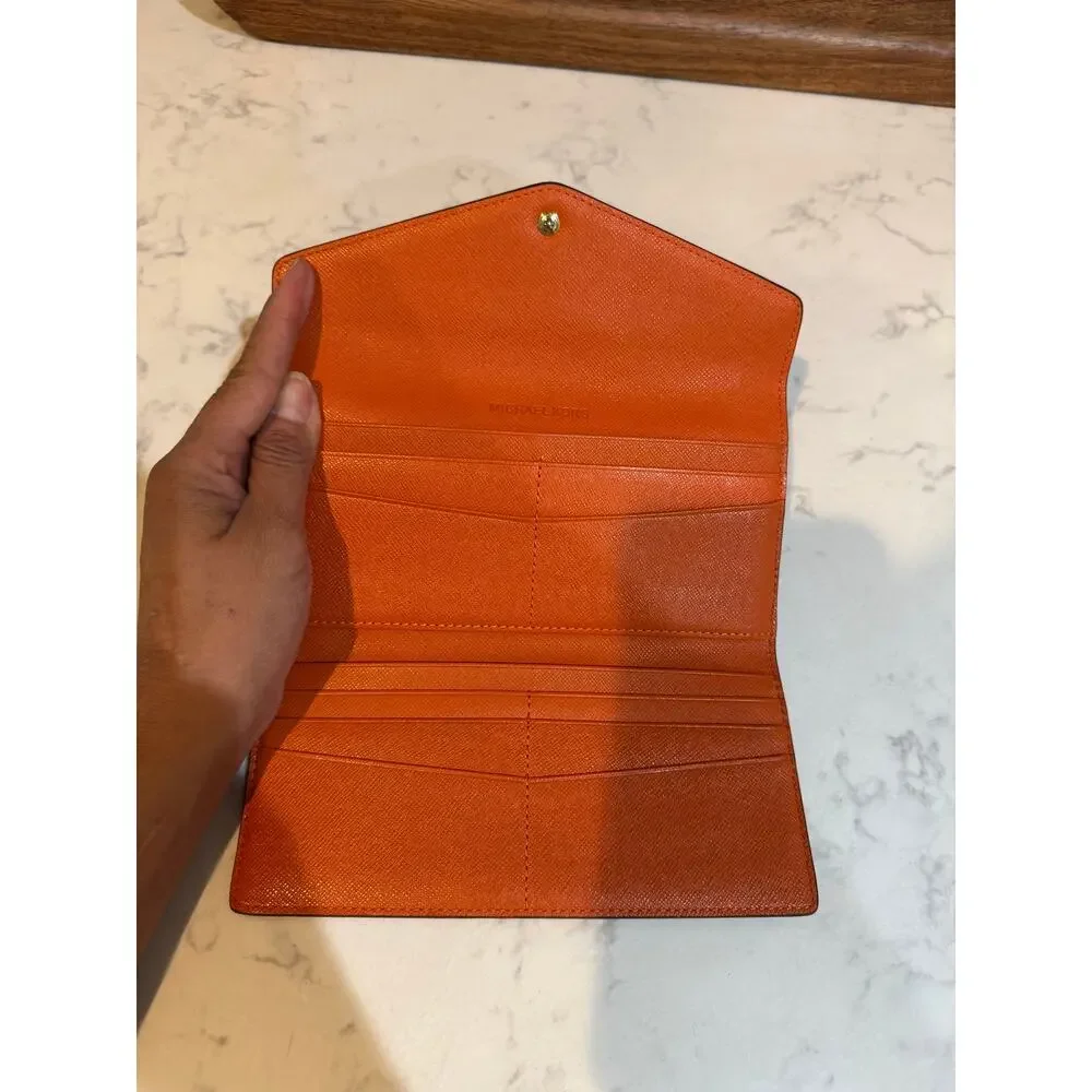 Michael Kors Saffiano Leather Envelope Carryall Wallet pink orange vibrant